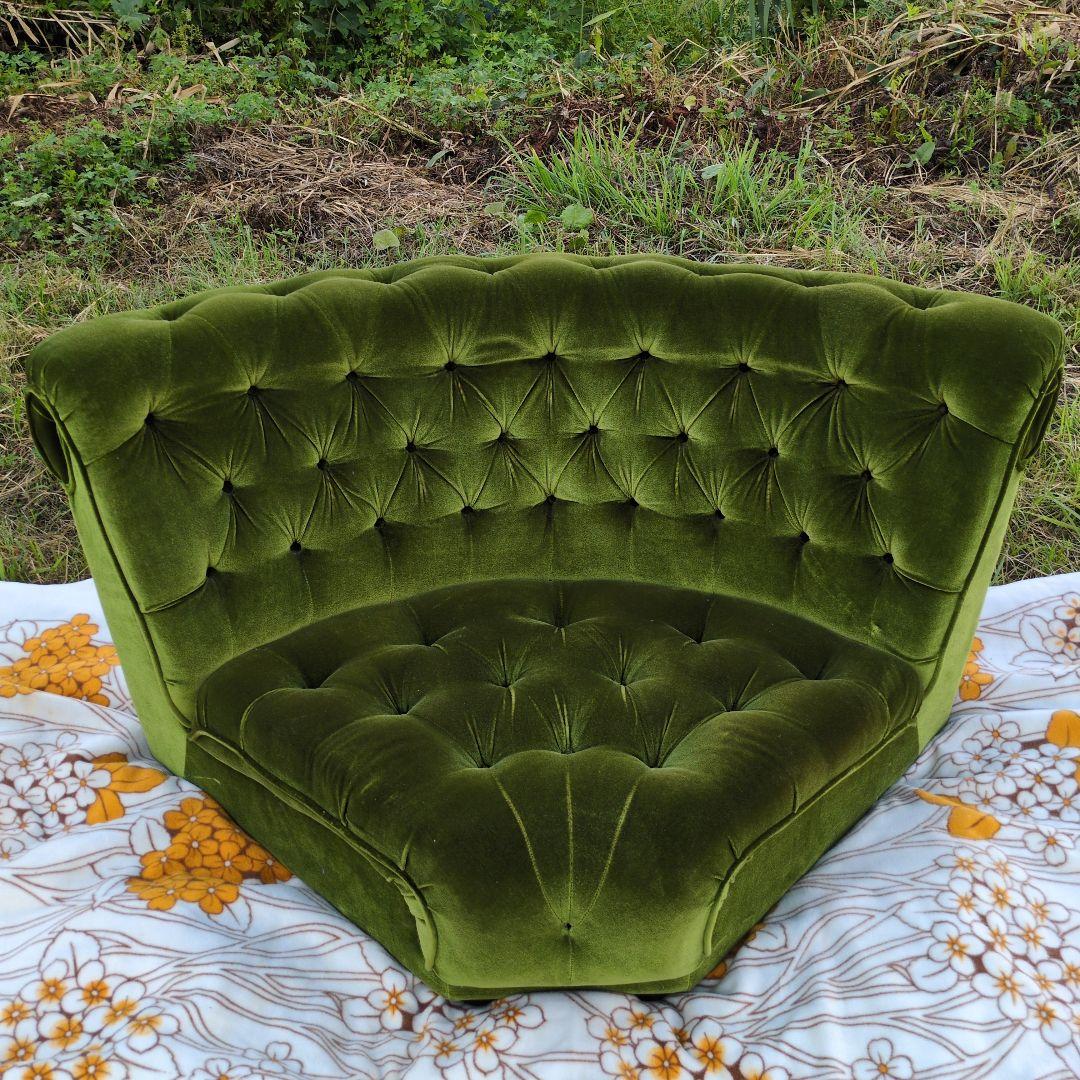 昭和レトロ オールド カリモク グリーン モケット コーナーソファ①ベルベット