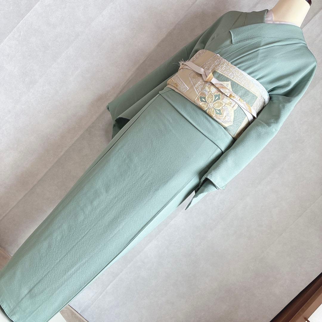 色無地　フルセット　着物　正絹　一つ紋　幻の染　岩石染　ブルー系　落款　N5