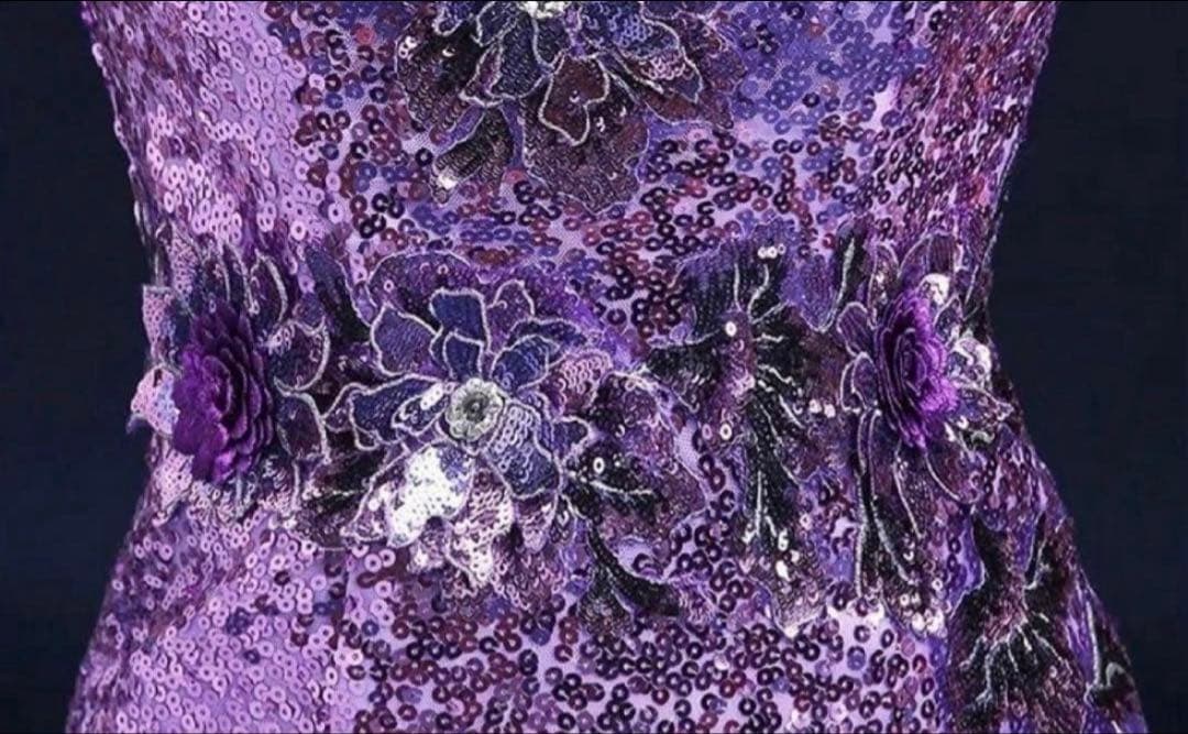 お花のデザインが美しい スパンコールのワンショルロングドレス