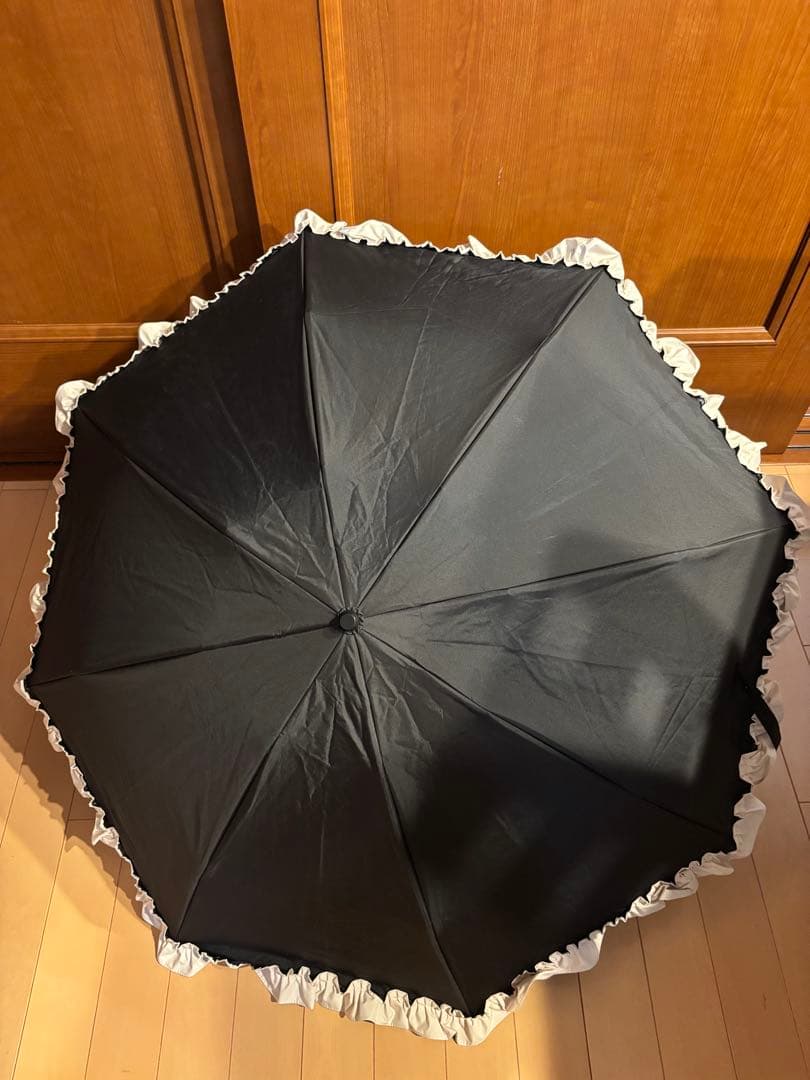 芦屋ロサブラン　フリル付き黒折りたたみ日傘