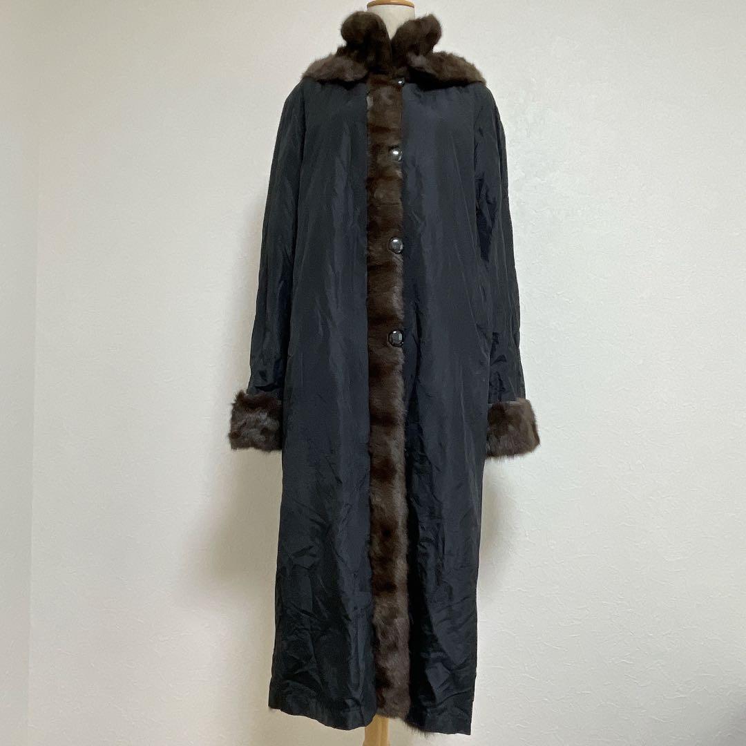 【美品】高級シルク100% ロシアリス リバーシブルロングコート L〜LL 毛皮