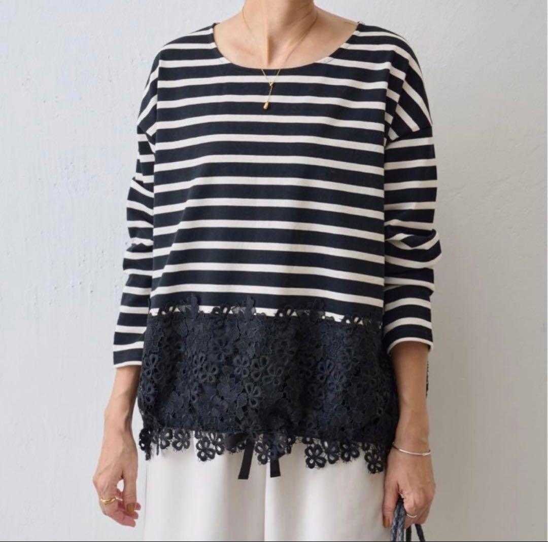 新品！ビアズリー 長袖裾レースカットソー ボーダーカットソー 裾レース
