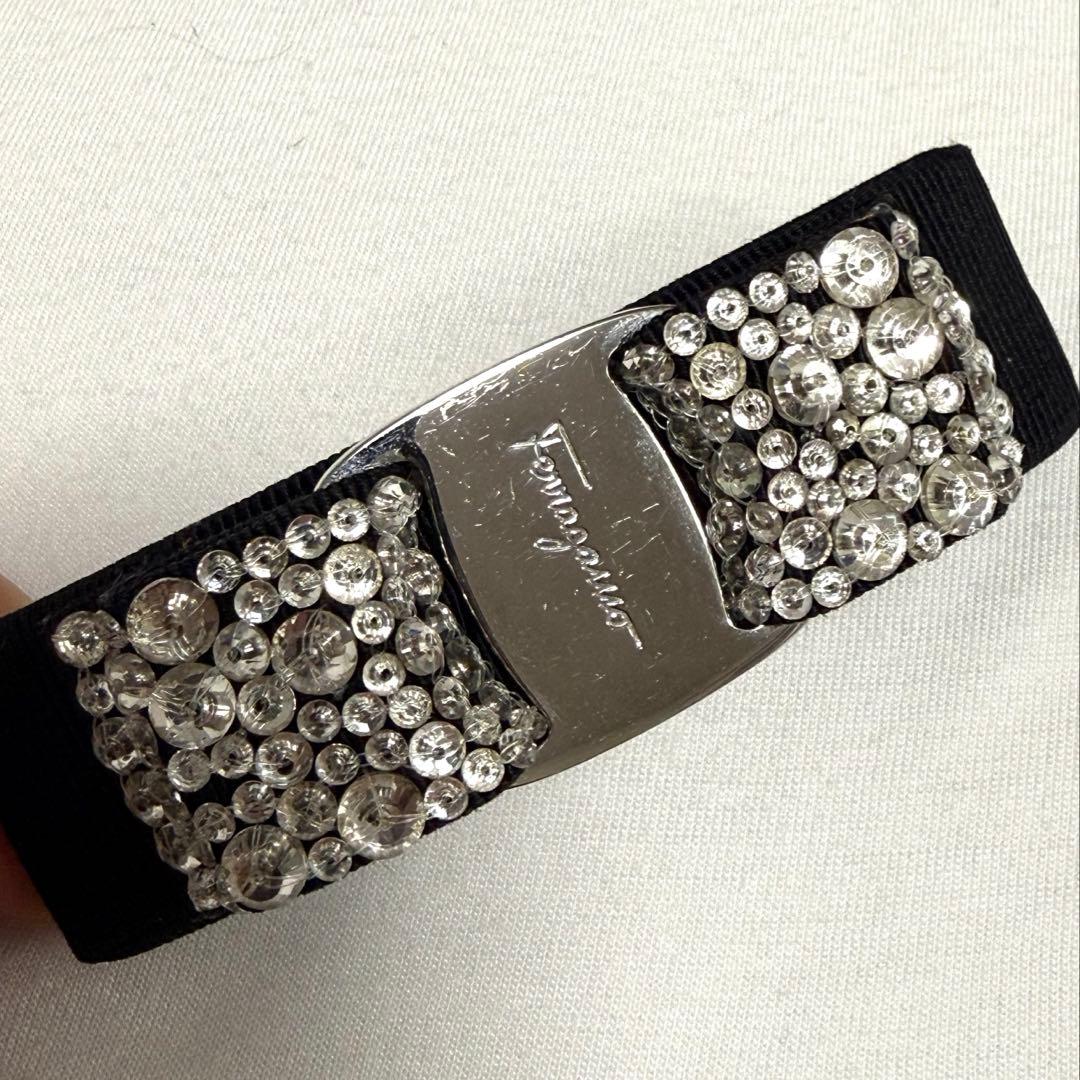 極美品フェラガモ バレッタ ビジュー ラインストーン シルバー リボン スワロ