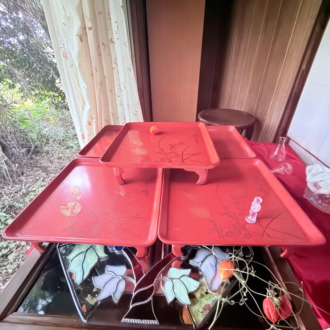 A様へ感謝お嫁入り‼️節目にJAPAN GOLDすすき天然木朱色沈金御膳 10客