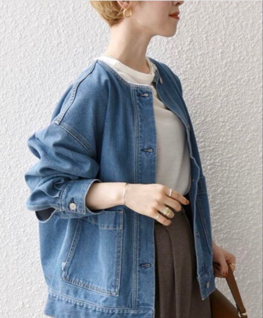 ships any denim シップス　エニィ　ノーカラーデニムブルゾン