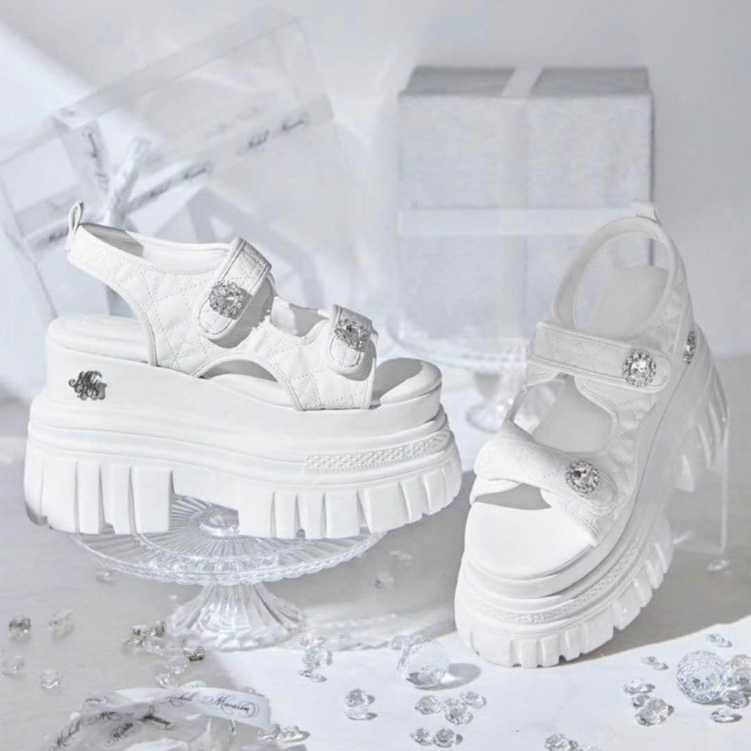 ミシェルマカロン 厚底サンダル 白 Lサイズ 厚底キルティングビジューサンダル