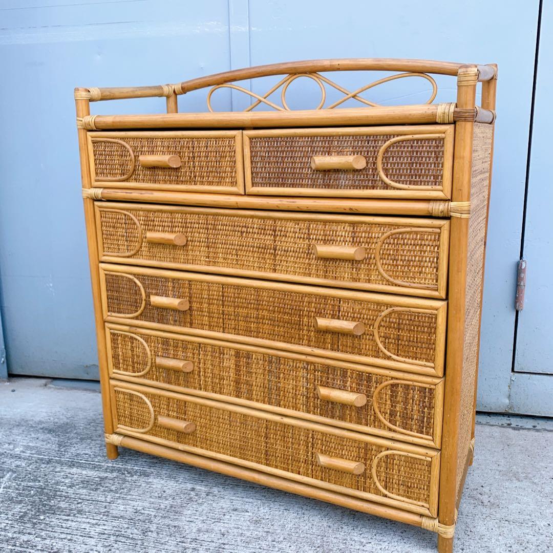 【送料込】ビンテージ バンブーラタンチェスト 籐家具 5段 引出し6杯 収納家具