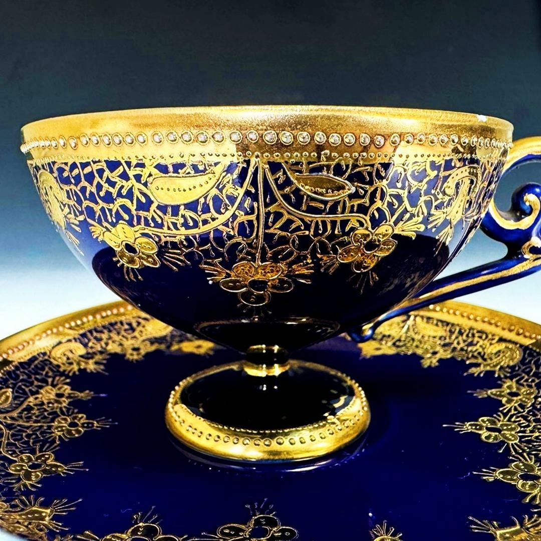 逸品■オールドノリタケ コバルト 金盛 レース装飾 ペディスタル カップソーサー