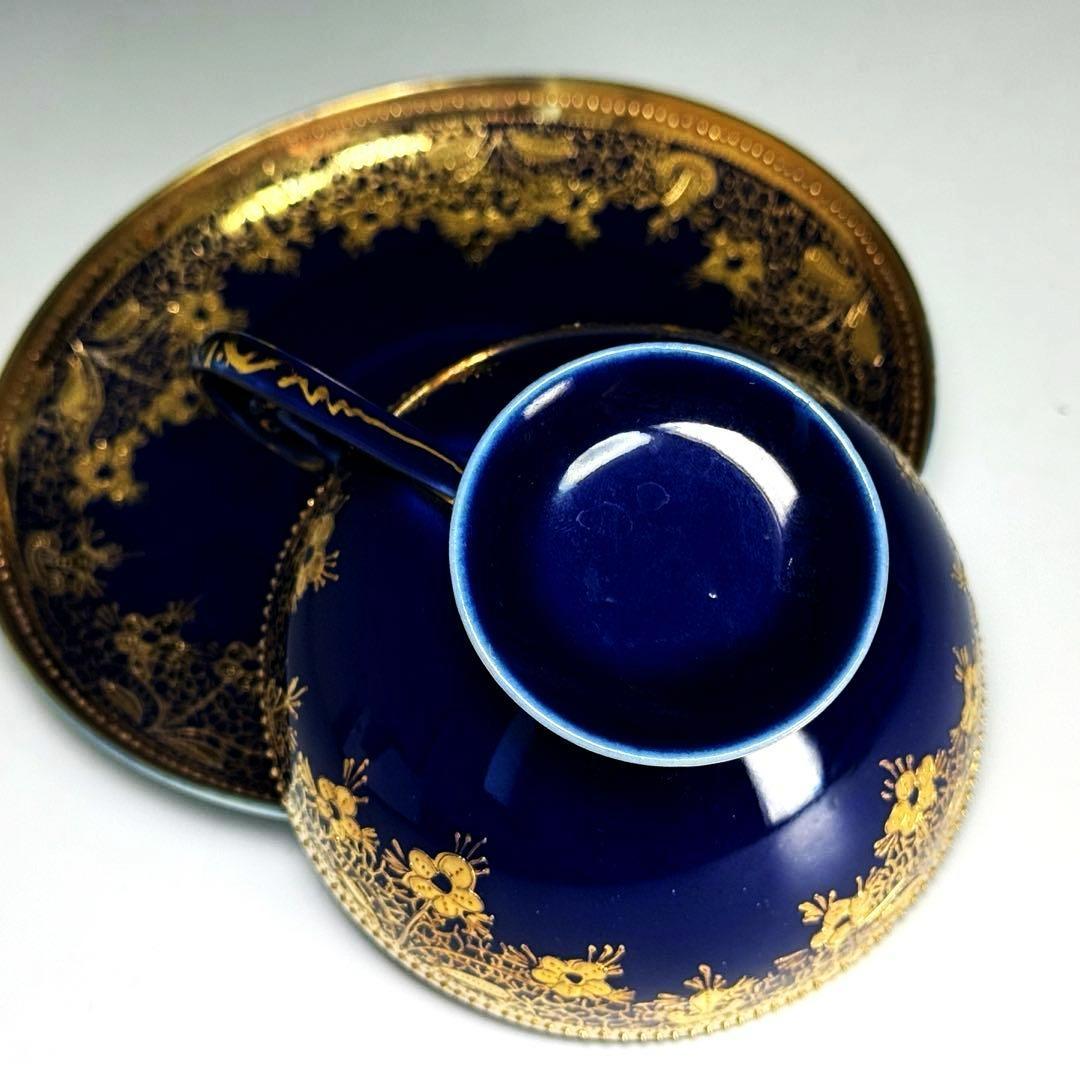逸品■オールドノリタケ コバルト 金盛 レース装飾 ペディスタル カップソーサー