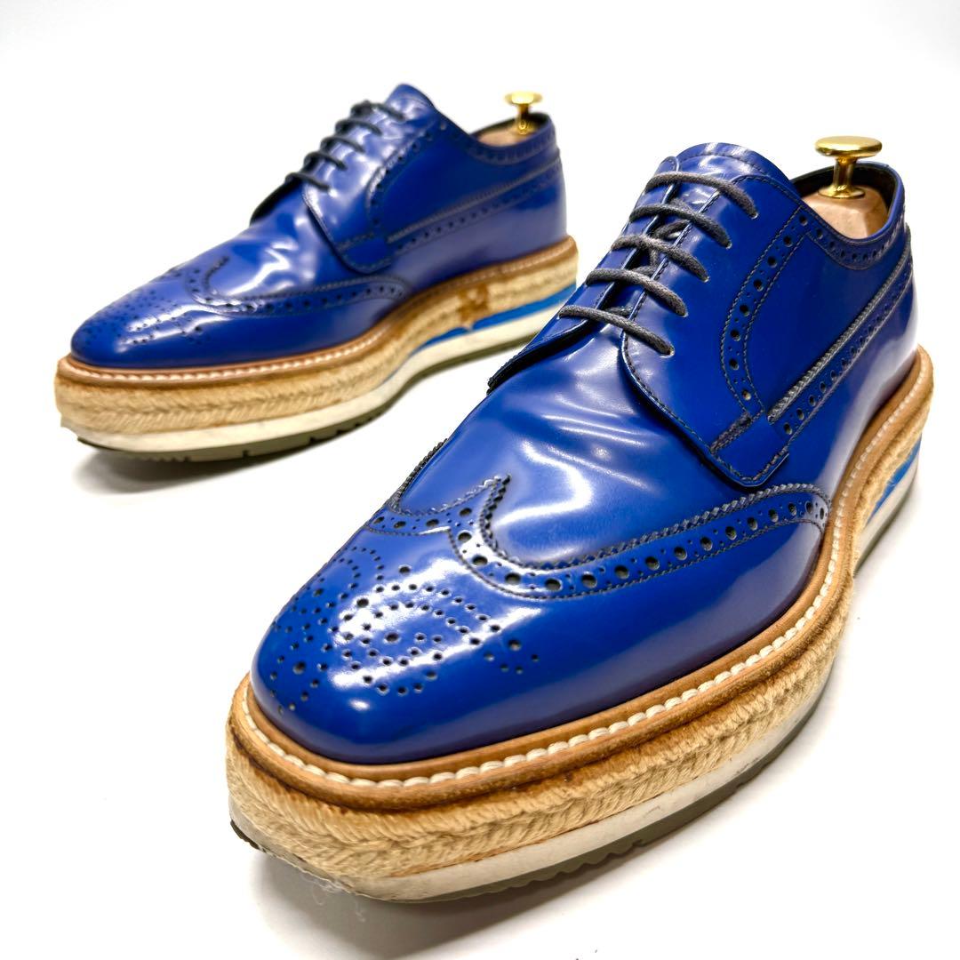 PRADA プラダ 革靴 ウィングチップ ガラスレザー ブルー エスパドリーユ