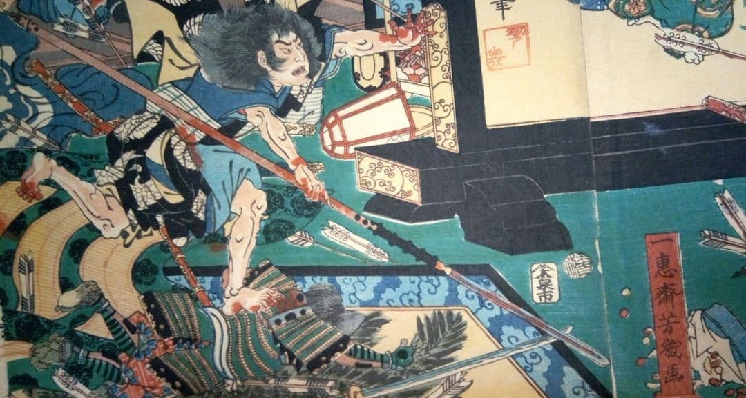 浮世絵、源平盛衰記 三枚綴り繋がってます。(山木合戦伊豆ノ圖)落合芳幾画