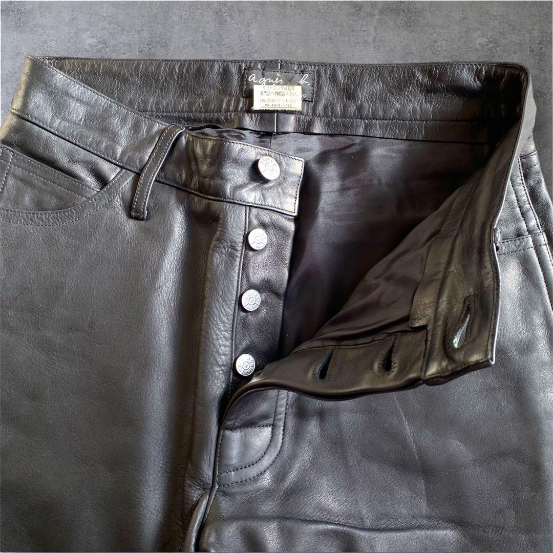 【極美品】agnes b アニエスベー　レザーパンツ　牛革　フランス製　ブラック