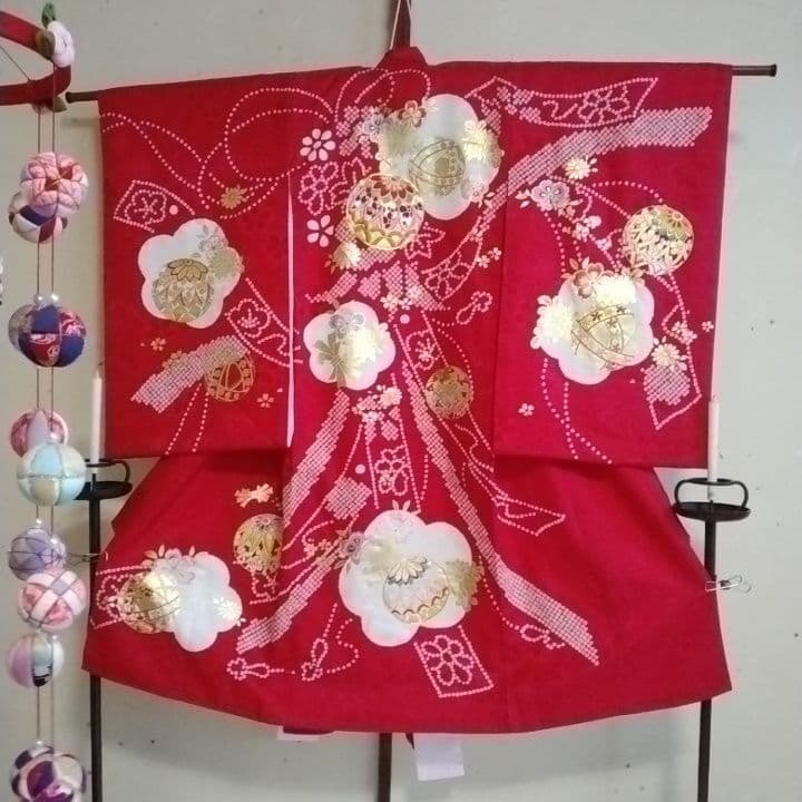 【美品】お宮参り 正絹　産着　祝着　赤白金　七五三　長襦袢付き