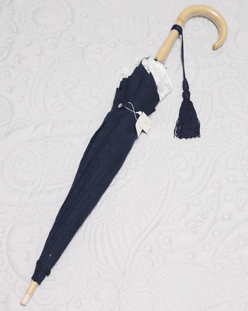 新品タグ付き【前原光栄商店】長傘 総刺繍 繊細レースかわず張り 高級日傘 紺