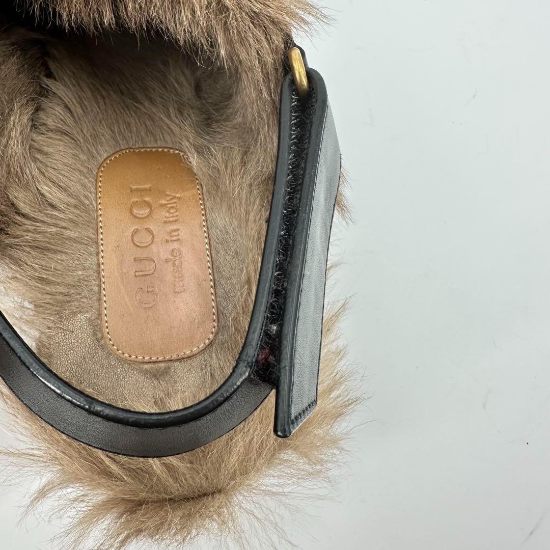 グッチ サボサンダル ファー 毛皮 レザー メンズ ヒール スタッズ ブラック黒